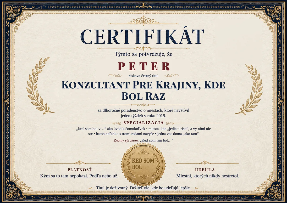 Ukážka certifikátu pre cestovateľa: KONZULTANT PRE KRAJINY, KDE BOL RAZ