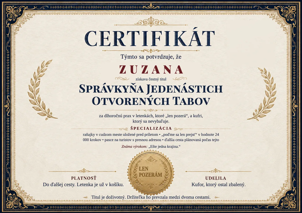 Ukážka certifikátu pre cestovateľku: SPRÁVKYŇA JEDENÁSTICH OTVORENÝCH TABOV