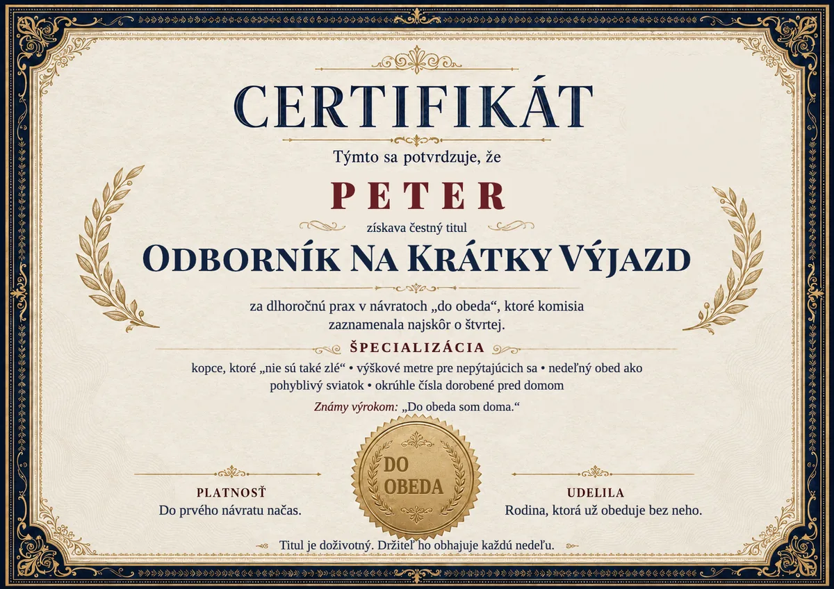Ukážka certifikátu pre cyklistu: ODBORNÍK NA KRÁTKY VÝJAZD