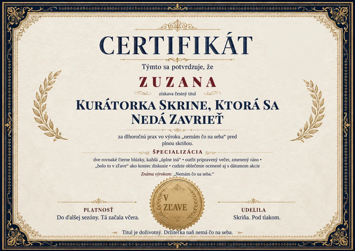 Ukážka certifikátu pre fashionistku: KURÁTORKA SKRINE, KTORÁ SA NEDÁ ZAVRIEŤ