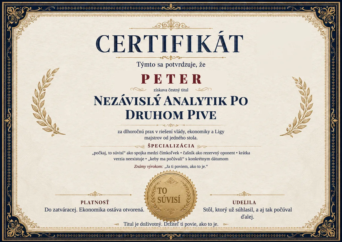 Ukážka certifikátu pre krčmového filozofa: NEZÁVISLÝ ANALYTIK PO DRUHOM PIVE