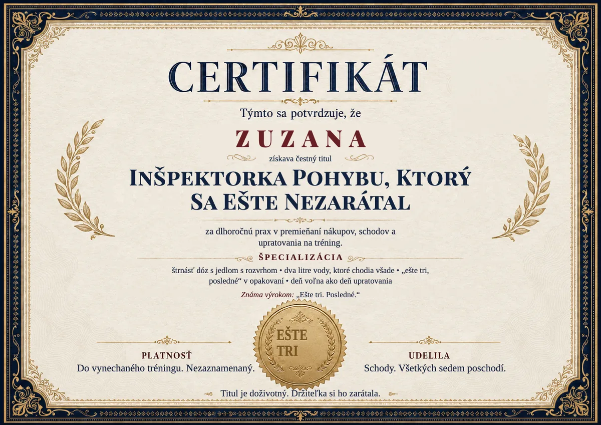 Ukážka certifikátu pre fitnesáčku: INŠPEKTORKA POHYBU, KTORÝ SA EŠTE NEZARÁTAL