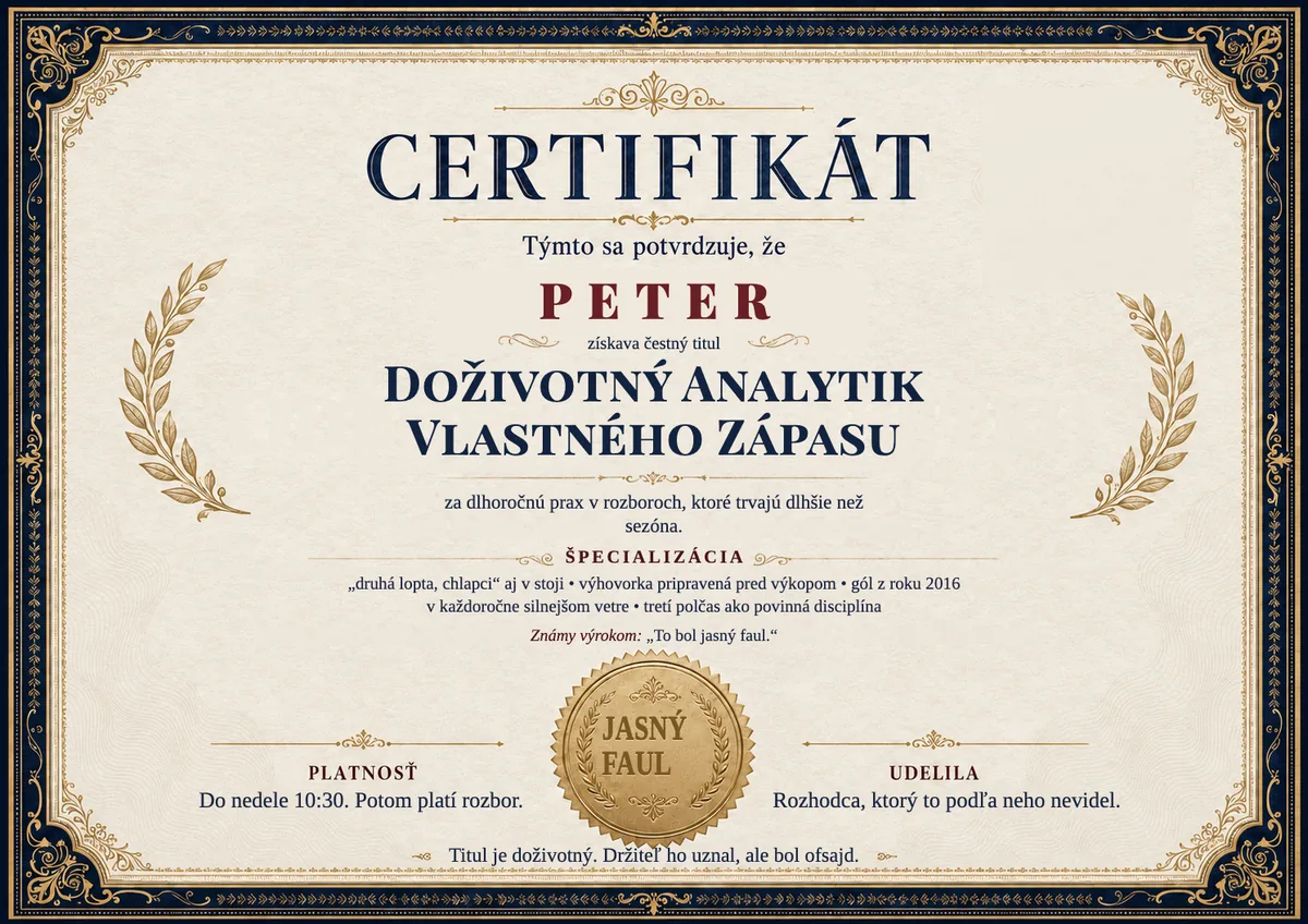 Ukážka certifikátu pre futbalistu: DOŽIVOTNÝ ANALYTIK VLASTNÉHO ZÁPASU