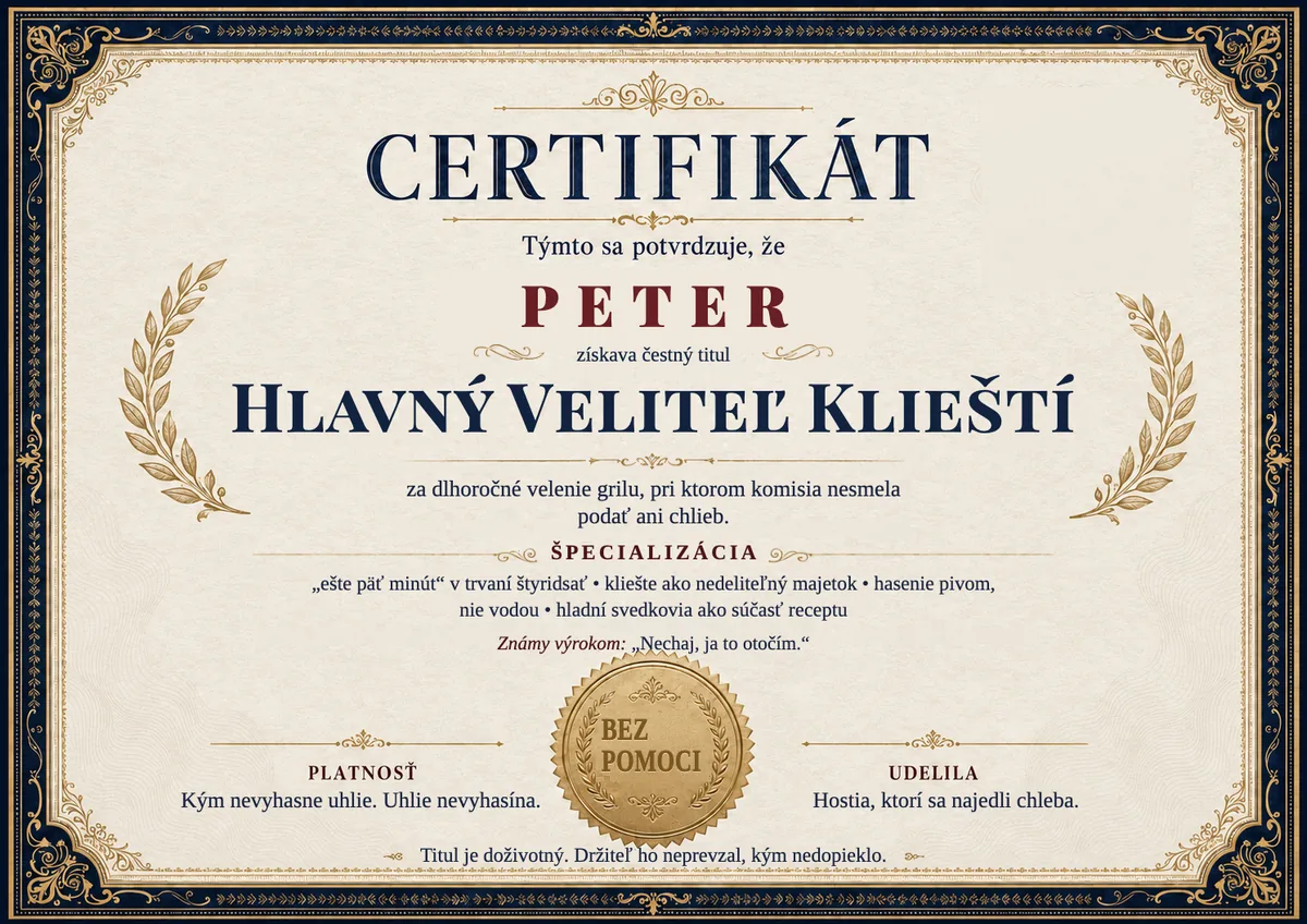 Ukážka certifikátu pre grilmajstra: HLAVNÝ VELITEĽ KLIEŠTÍ