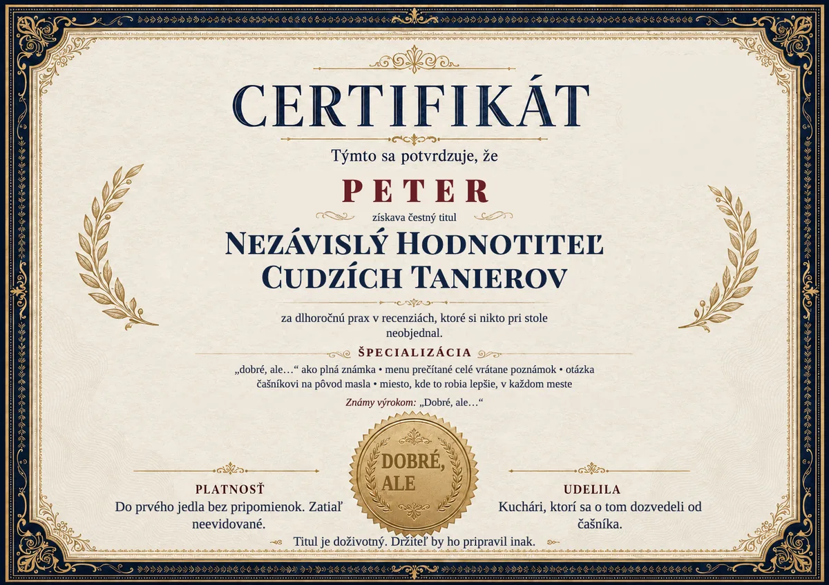 Ukážka certifikátu pre gurmána: NEZÁVISLÝ HODNOTITEĽ CUDZÍCH TANIEROV