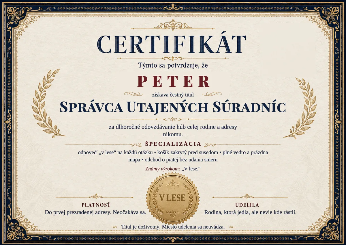 Ukážka certifikátu pre hubára: SPRÁVCA UTAJENÝCH SÚRADNÍC