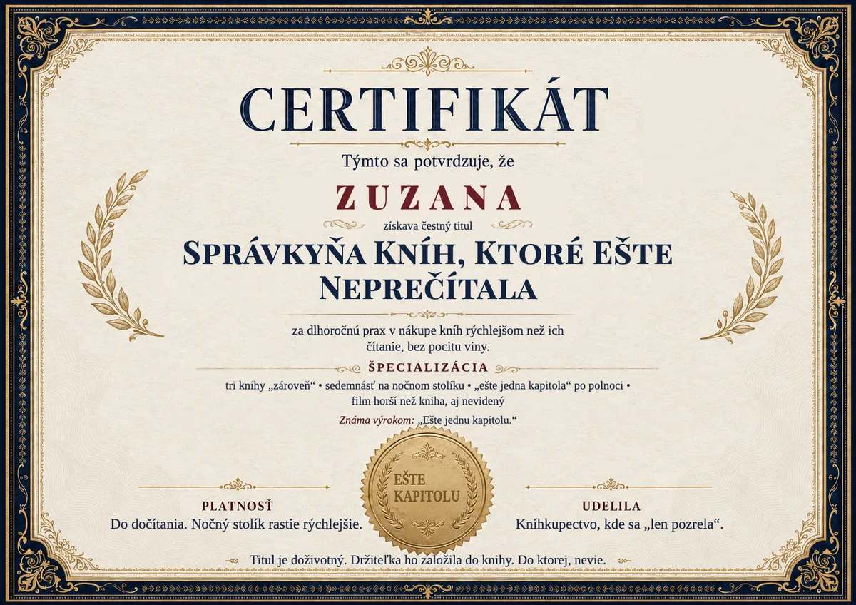 Ukážka certifikátu pre knihomoľku: SPRÁVKYŇA KNÍH, KTORÉ EŠTE NEPREČÍTALA