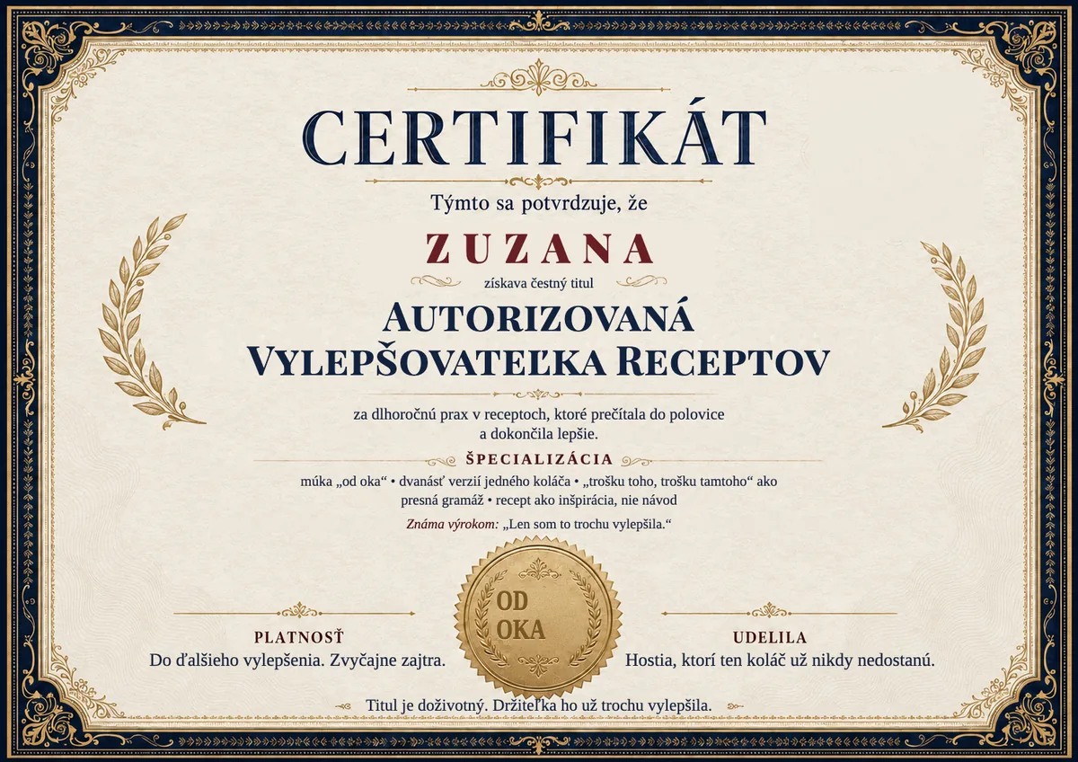 Ukážka certifikátu pre kuchárku: AUTORIZOVANÁ VYLEPŠOVATEĽKA RECEPTOV
