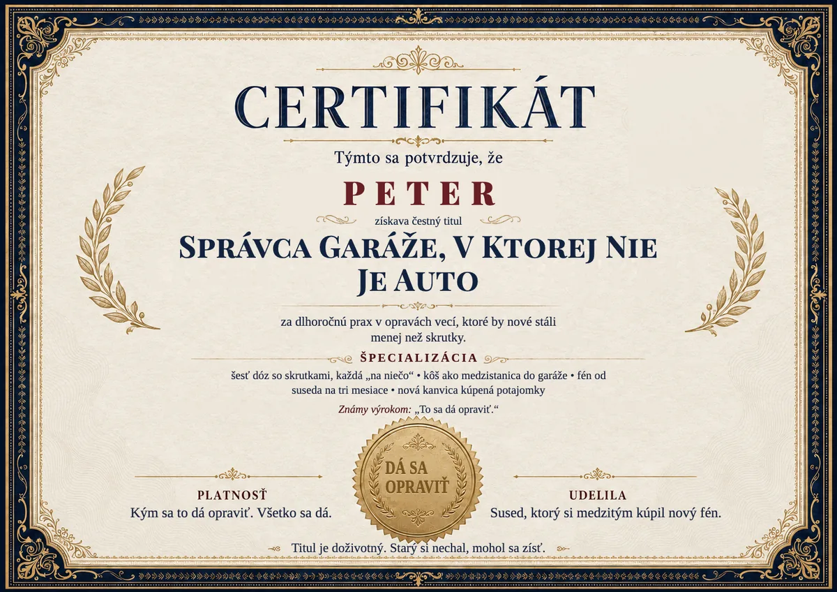 Ukážka certifikátu pre kutila: SPRÁVCA GARÁŽE, V KTOREJ NIE JE AUTO
