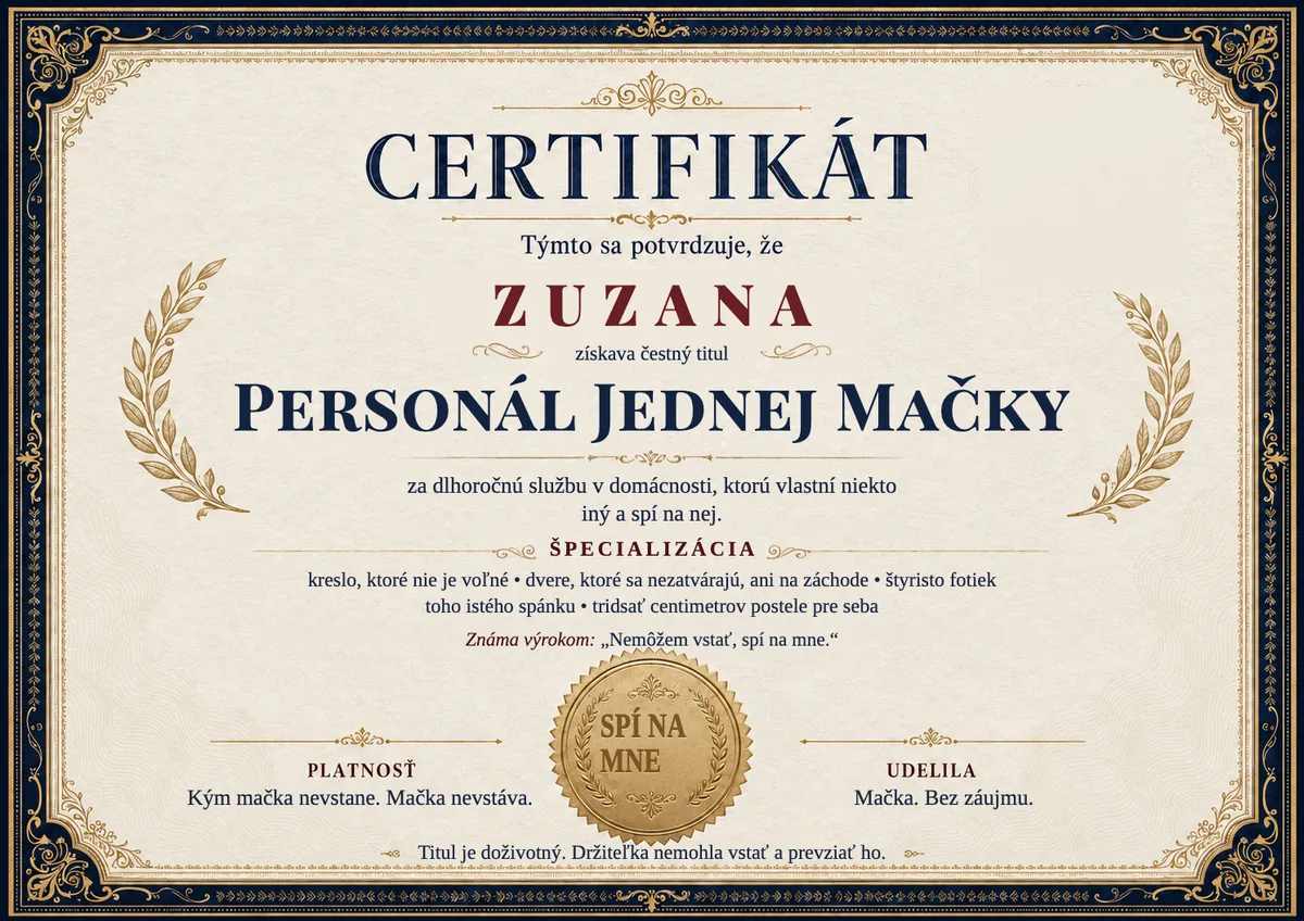 Ukážka certifikátu pre mačkárku: PERSONÁL JEDNEJ MAČKY