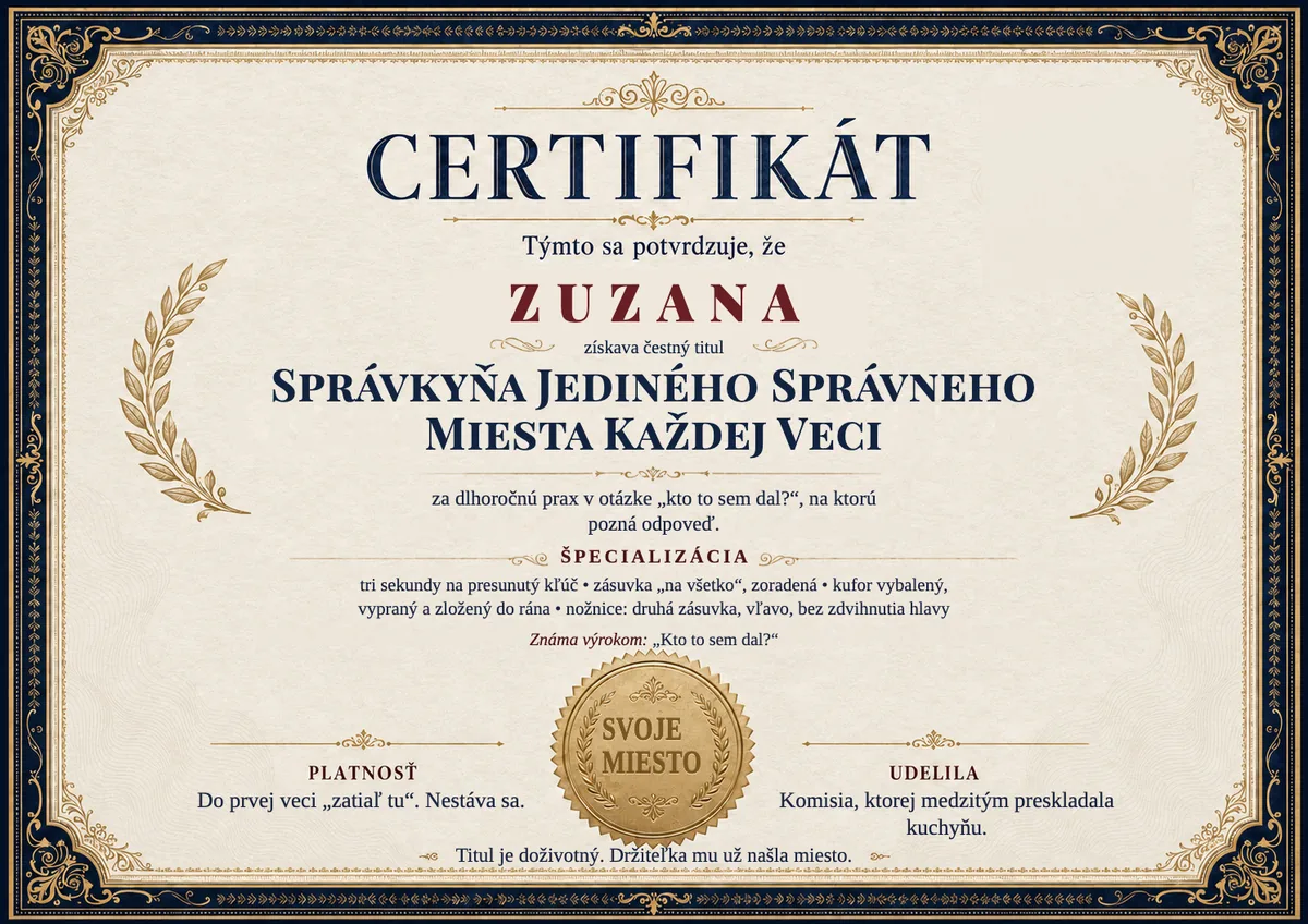 Ukážka certifikátu pre pani poriadku: SPRÁVKYŇA JEDINÉHO SPRÁVNEHO MIESTA KAŽDEJ VECI
