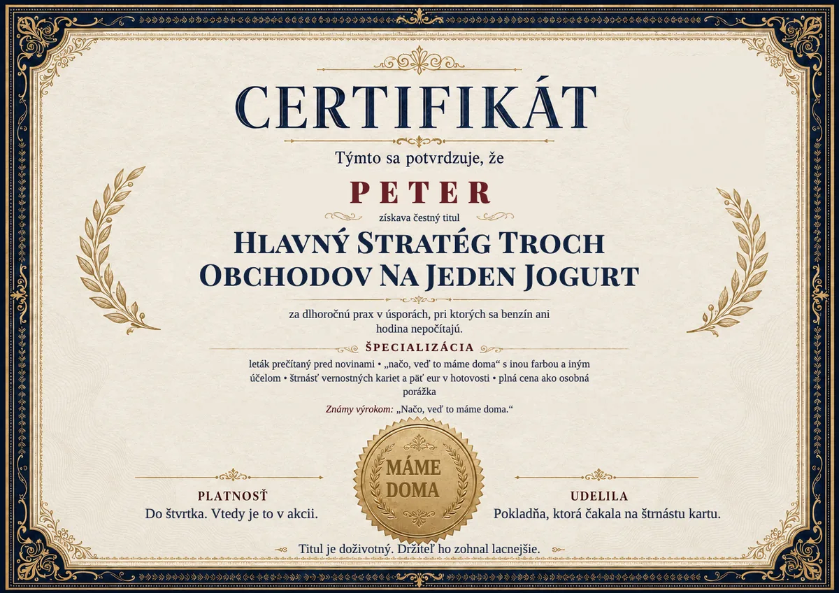 Ukážka certifikátu pre šporovlivého génia: HLAVNÝ STRATÉG TROCH OBCHODOV NA JEDEN JOGURT
