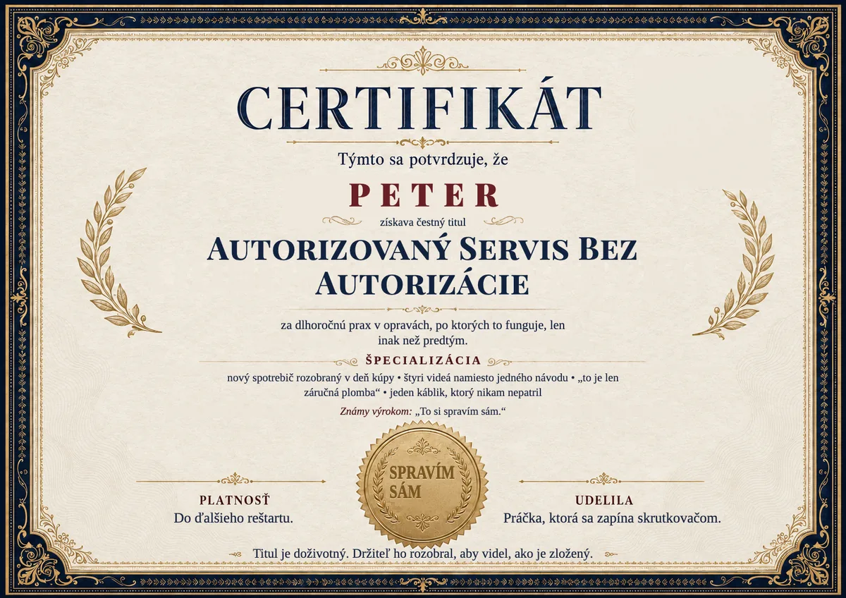 Ukážka certifikátu pre technického experta: AUTORIZOVANÝ SERVIS BEZ AUTORIZÁCIE