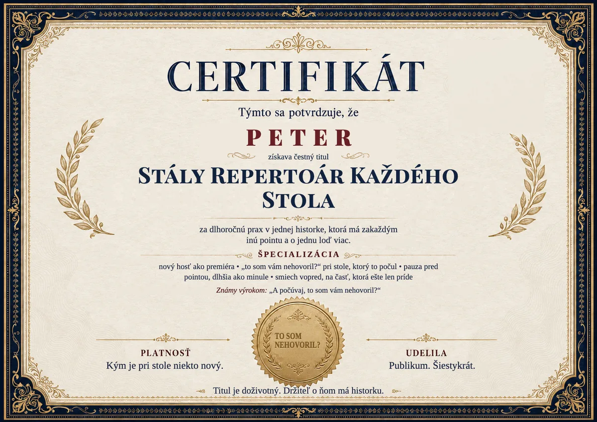 Ukážka certifikátu pre zabávača: STÁLY REPERTOÁR KAŽDÉHO STOLA