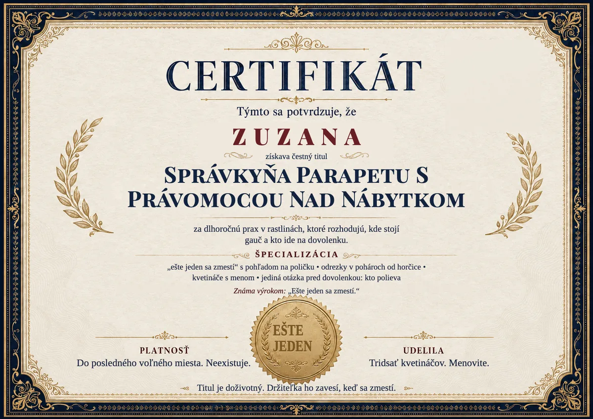 Ukážka certifikátu pre rastlinkárku: SPRÁVKYŇA PARAPETU S PRÁVOMOCOU NAD NÁBYTKOM